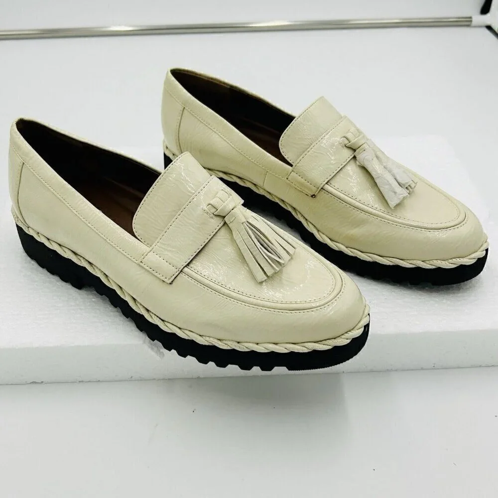 Franco Sarto Carolynn Womens Sz 8.5 Lug Sole Tassel Patent Leather Loafers Ivory